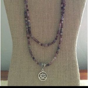 Handmade, unique, individual double strand mix glass bead lotus charm necklace